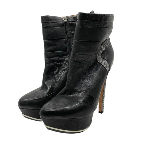L.A.M.B. | Dorene Black Leather High Stiletto Heel Platform Booties - Picture 1 of 9